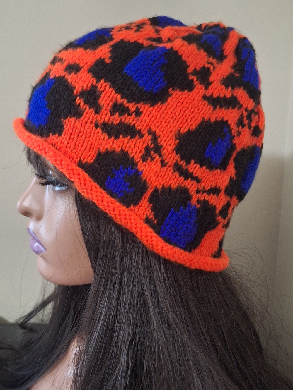 Orange Leopard Knit Beanie with Blue and Black Spots